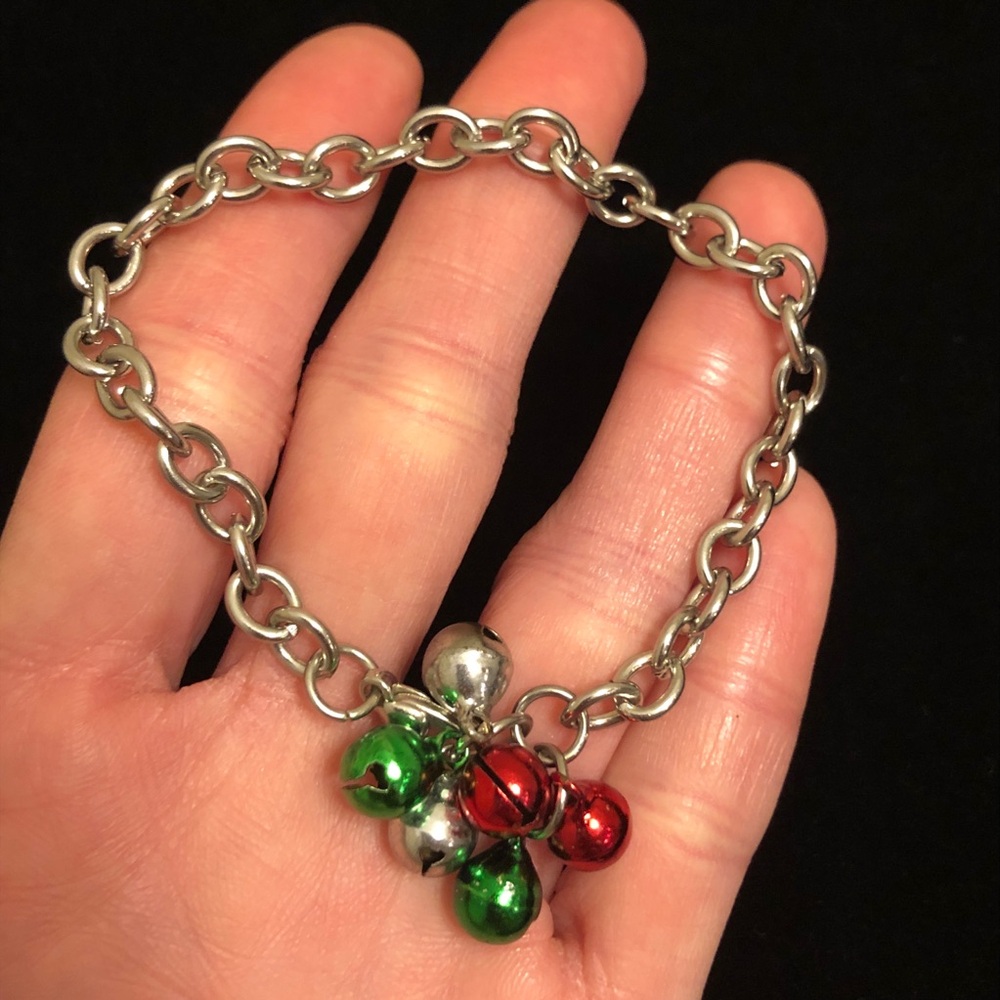 Silver Charm Bracelet with Red and Green Christmas Bells